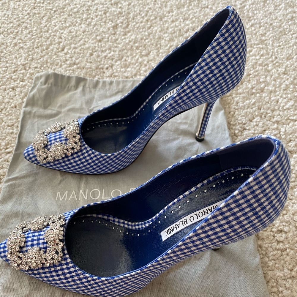 NWT Manolo Blahnik Hangisi 37.5 Blue Gingham 105mm
